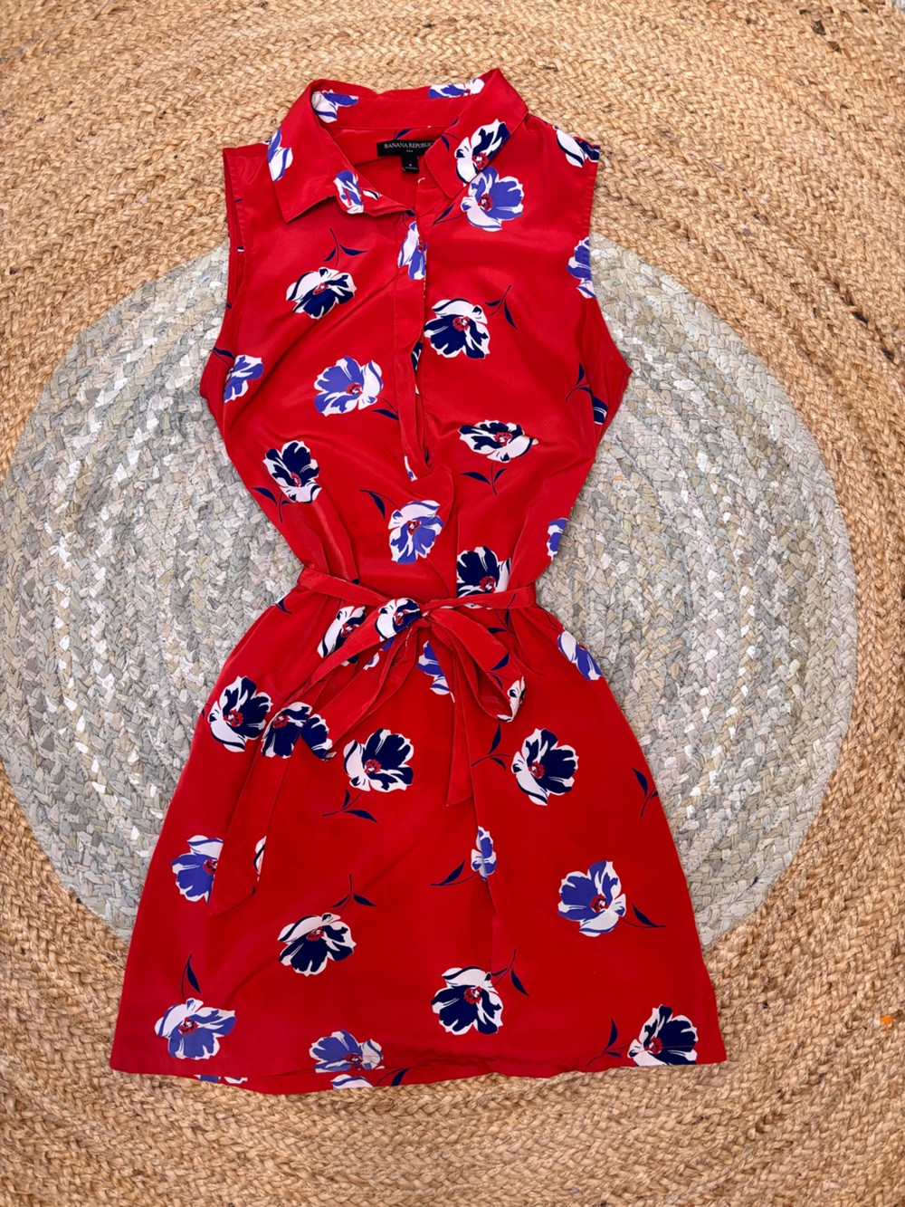 Banana Republic Red Floral Sleeveless Tie-Waist Shirt Dress